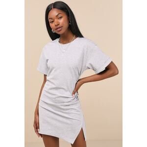 Lulus Effortless Approach Heather Grey Ruched Short Sleeve Mini Dress - Size M